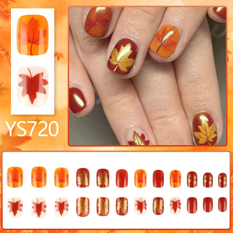 CJDLTS Thanksgiving Press on Nails Short Square Fall Maple Leaf False Nail Full Cover Glossy Acrylic Artificial Fingernails Red Maple Leaf Pattern Festival Stick on Nail Press Ons Glue on Nails for Women - Image 3